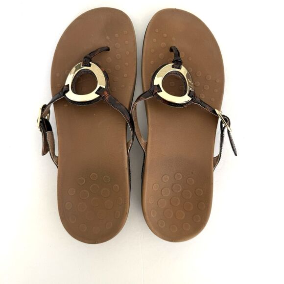 VIONIC KARINA Flip Flops Sandals Tortoise Look Brown Gold Ring SIZE 9 - Picture 1 of 7